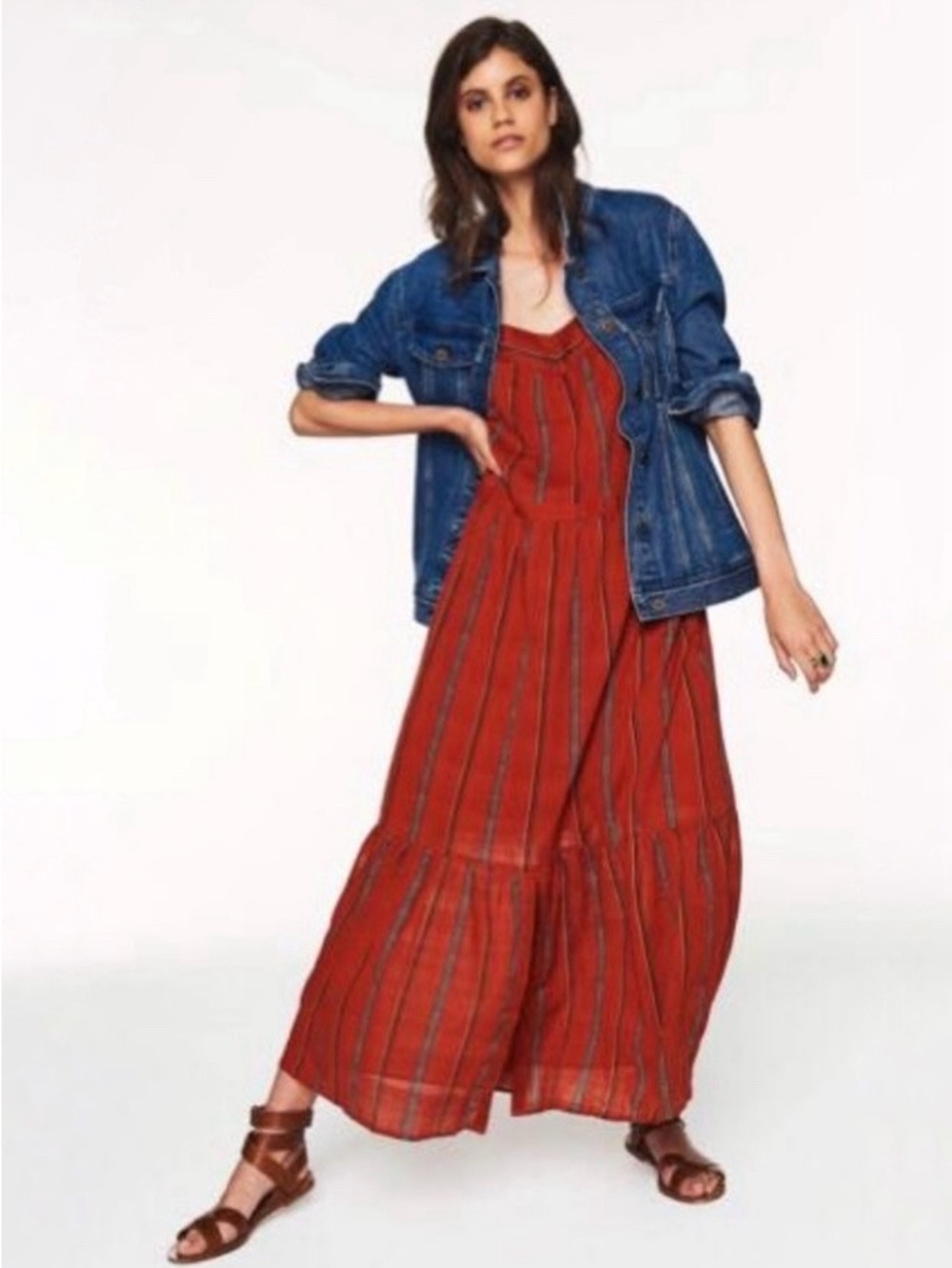 Ba&sh Kyo Tiered Maxi Dress Cotton Caramel Stripe XS